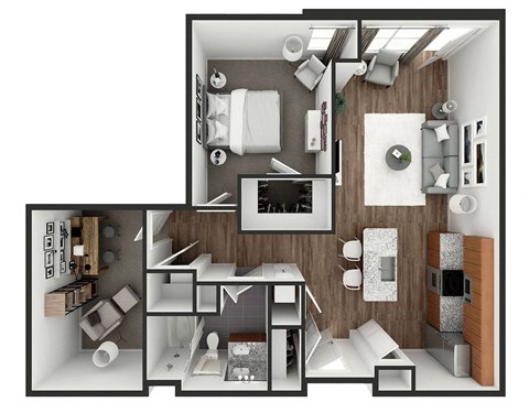 Floor plan for 1 bed, 1 bath, 881 sqft
